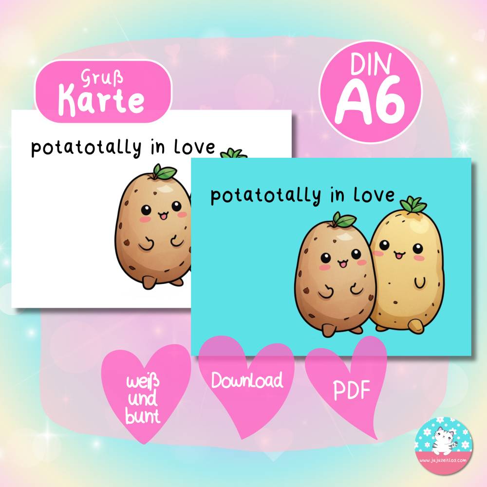 Grußkarte - potatotally in love - Kawaii Kartoffeln - PDF A4 Download - DIN A6 - Hintergrund bunt & weiß Bild 1