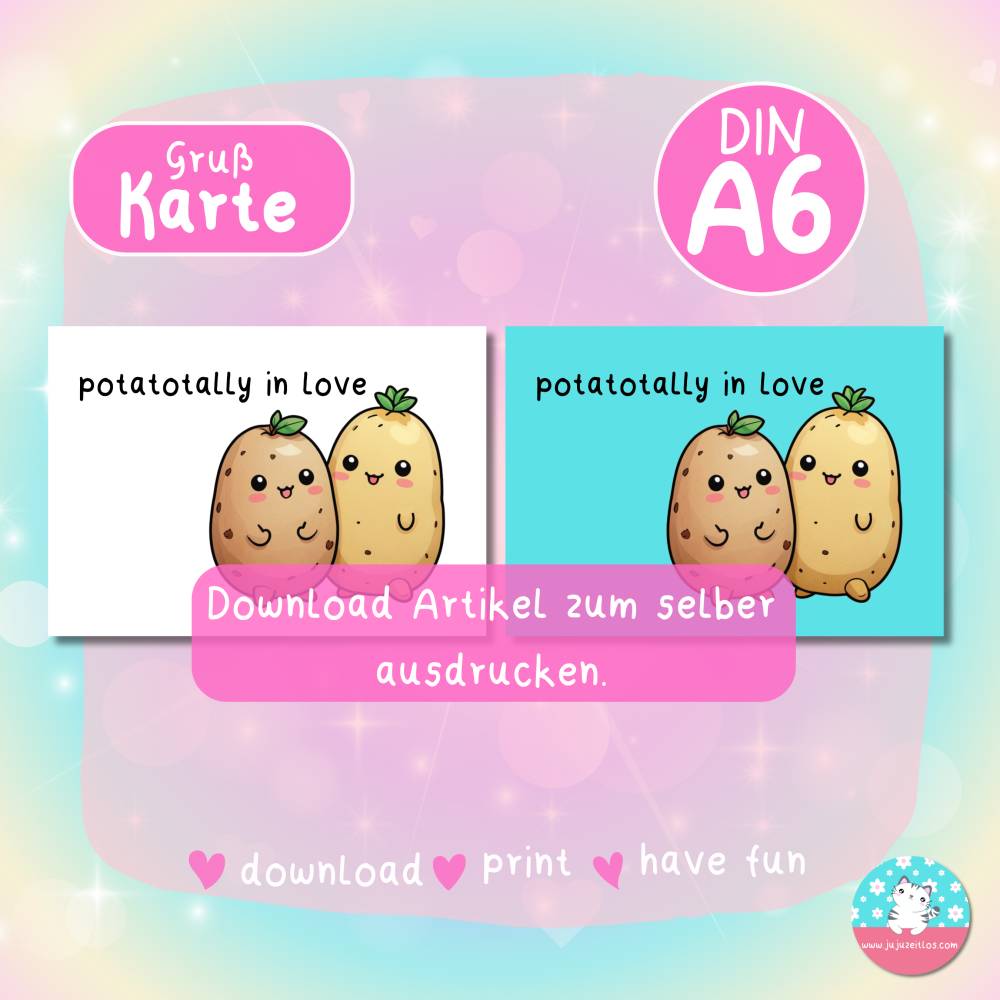 Grußkarte - potatotally in love - Kawaii Kartoffeln - PDF A4 Download - DIN A6 - Hintergrund bunt & weiß Bild 2