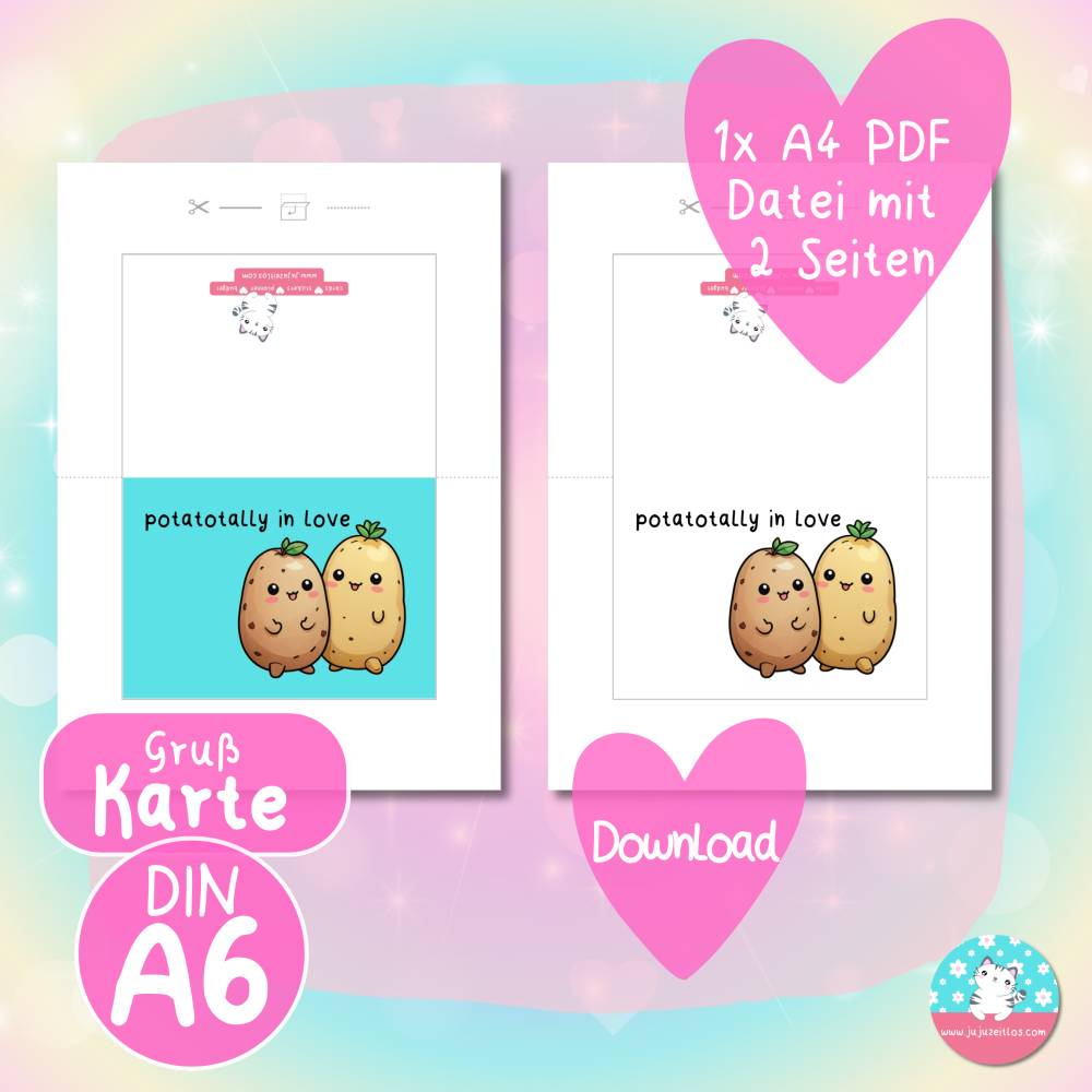 Grußkarte - potatotally in love - Kawaii Kartoffeln - PDF A4 Download - DIN A6 - Hintergrund bunt & weiß Bild 3