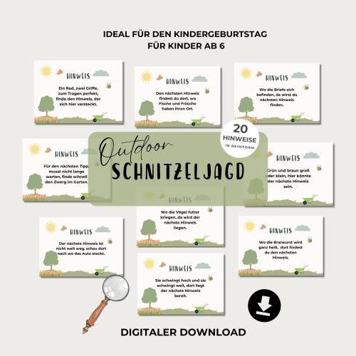 Outdoor Schnitzeljagd für Kinder, Garten Schatzsuche, Kindergeburtstag Schnitzeljagd in Reimform zum Ausdrucken