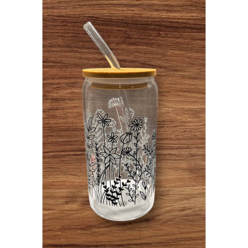 Glas mit Strohhalm I Eiskaffeeglas I Glas mit Deckel I Bambus Stohhalm I Bierdosenglas I Blumen