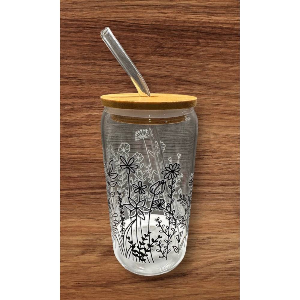 Glas mit Strohhalm I Eiskaffeeglas I Glas mit Deckel I Bambus Stohhalm I  Bierdosenglas I Blumen