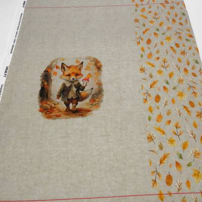 Stoff Baumwolle French Terry Panel 78cm x 140cm Herbst Hasen Fuchs Blätter beige orange braun khaki bunt