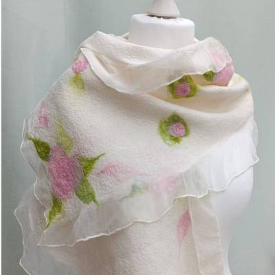 STOLA " ROSE ", Seide & Wolle, Handarbeit, Cremeweiß/Rosa/Grün, Accessoires  & Dekoration 