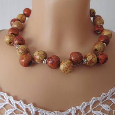 Holz Perlen Kette kurz zweireihig Afrika Style – rotbraun beige silberfarben, handgefertigte Holzkette Collier