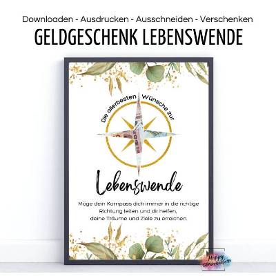 Geldgeschenk zur Lebenswende "Kompass", Karte, Idee Geld verschenken verpacken, A4 PDF Download Ausdrucken