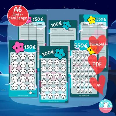 Sparchallenge Kawaii Sterne - Geld sparen - PDF A4 - Bundle 150 300 550 - Umschlagmethode