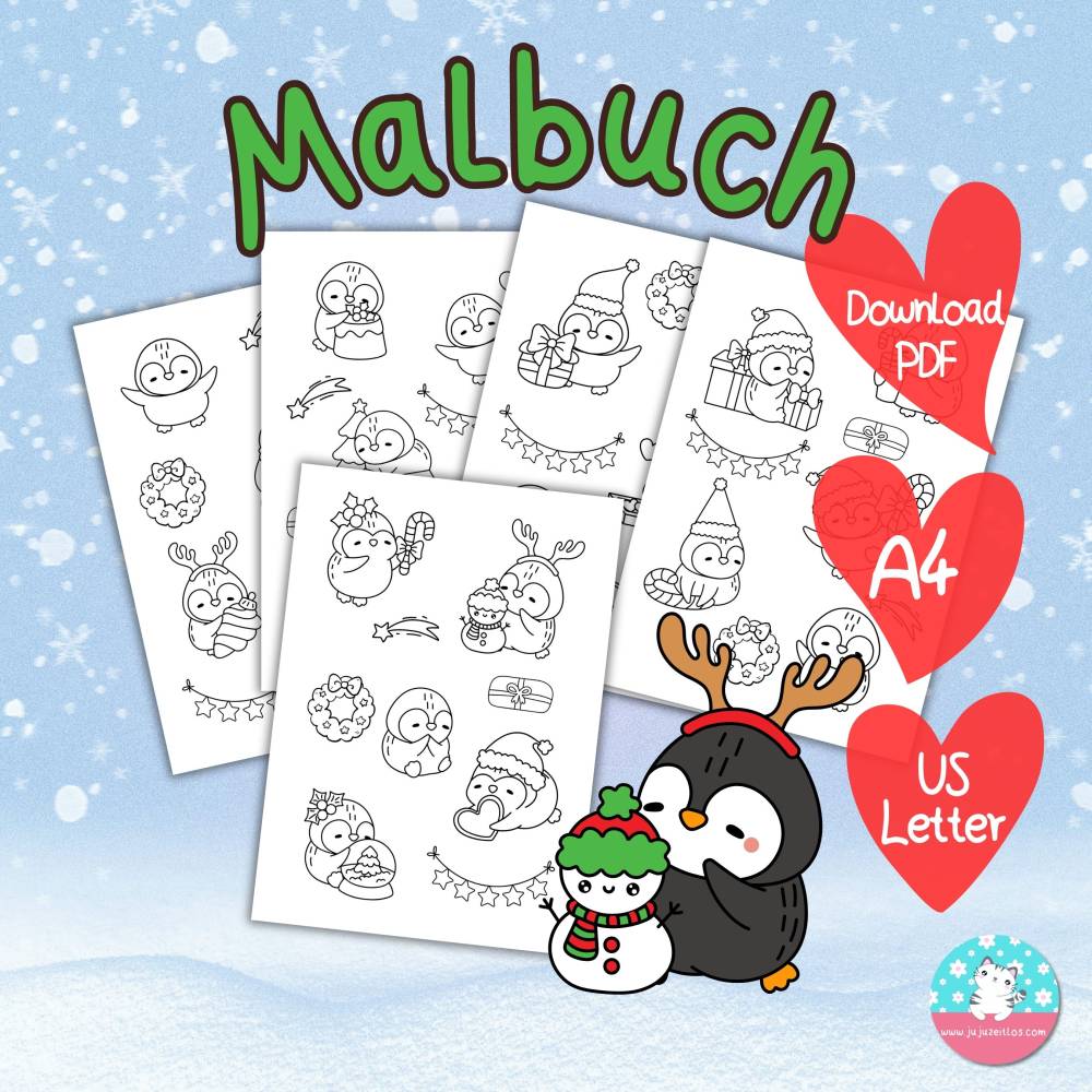 Malbuch Weihnachten Pinguin Download - PDF DIN A4 & Letter - Malvorlage mit 5 Seiten zum selber ausdrucken und ausmalen Bild 1