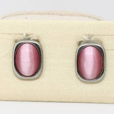 Vintage Ohrclips Eckig Silberfarbe Perlmutt Stein Rosa Schimmernd 80er Jahre Damenohrringe