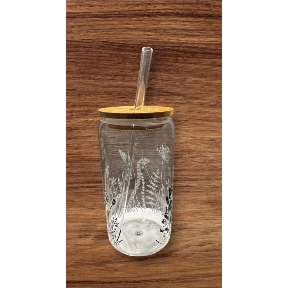 Glas mit Strohhalm I Eiskaffeeglas I Glas mit Deckel I Bambus Stohhalm I Bierdosenglas I Blumen