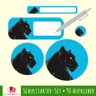 Schulstarter-Set | Schwarzer Panther - blau - 90 teilig, Stifteaufkleber, Schuletiketten - blanko zum Selbstbeschri