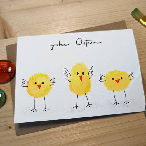 Aquarell-Osterkarte "3 gelbe Küken", handgemalt