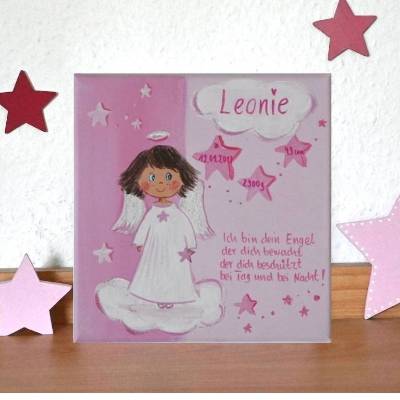Personalisiertes Schutzengelbild für Mädchen – handgemaltes Taufgeschenk mit Spruch, Engelbild auf Leinwand, Unikat 20x20