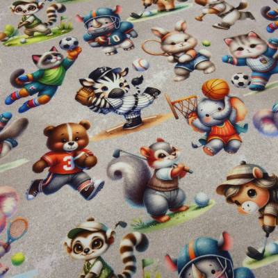 Stoff Baumwolle Jersey Tiere Hase Katze Zebra Bär Elefant Design beige multicolor bunt Kleiderstoff Kinderstoff