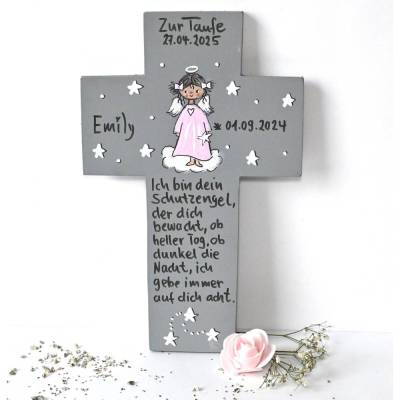 Personalisiertes Taufkreuz Mädchen – handbemaltes Schutzengelkreuz als Geschenk zur Taufe