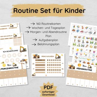 Baustelle Routine Set für Kinder mit 160 Routinekarten, Morgen- und Abendroutine Plan, Wochenplan, Belohnungsplan & mehr