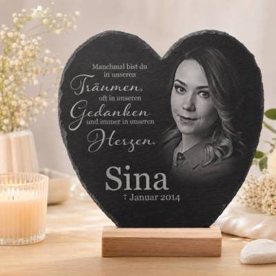 15 x 17 cm Schieferherz mit Gravur – personalisierter Gedenkstein mit Foto & Wunschtext als Grabschmuck
