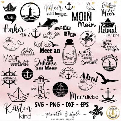 Plotterdatei Maritim, German Nautical Bundle, Moin Plotterdatei svg, Leuchtturm Maritim svg, Nautical Clipart, Möwen