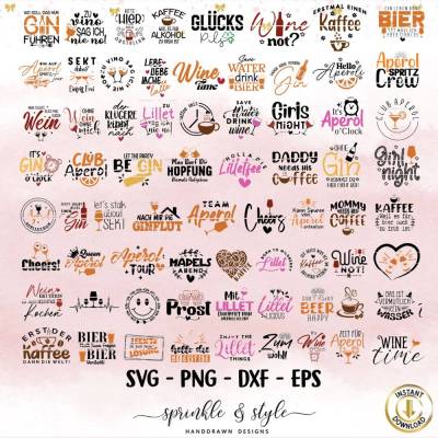 Deutsche Plotterdatei Getränke XL Bundle, Aperol svg, Alkohol, Gin, Silhouette, Cricut, Kaffee png, Wein Digistamp, Lase
