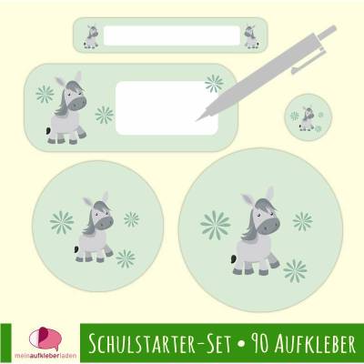 Schulstarter-Set | Esel mintgrün - 90 teilig, Stifteaufkleber, Schuletiketten - blanko zum Selbstbeschriften
