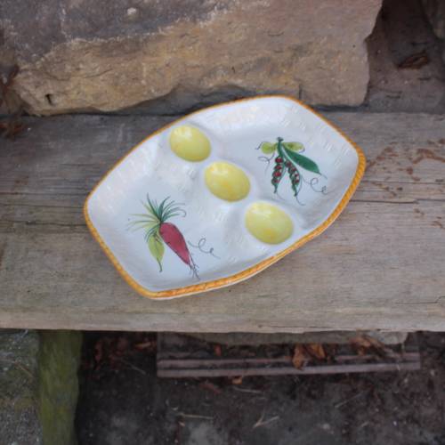 Vintage Eierteller für 3 Eier / Rohkostplatte / Gemüse Dekor Keramik 80er Jahre Italy