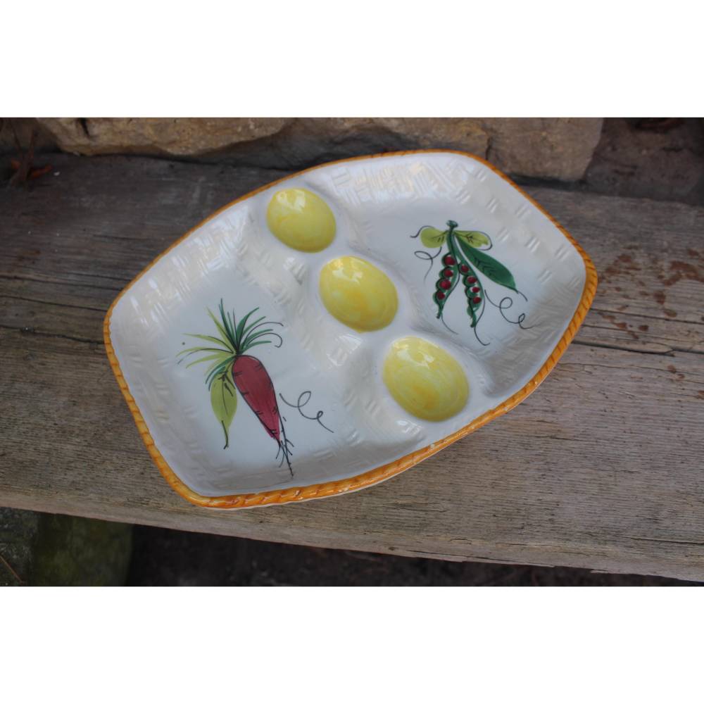 Vintage Eierteller für 3 Eier / Rohkostplatte / Gemüse Dekor Keramik 80er Jahre Italy