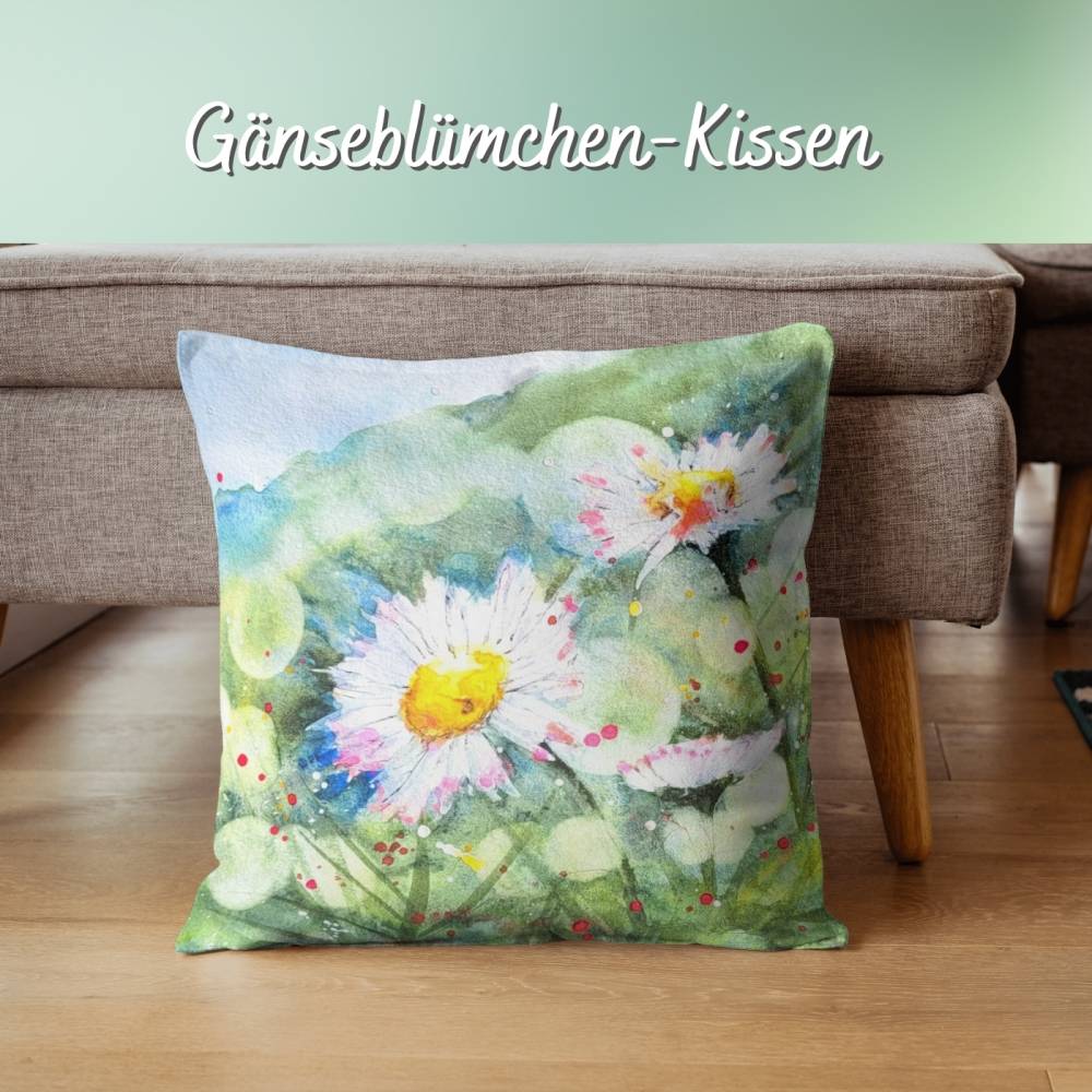 Gänseblümchen Kissen 40x40 – nachhaltige Frühlingsdeko mit Aquarellmotiv (limitiert) Bild 1