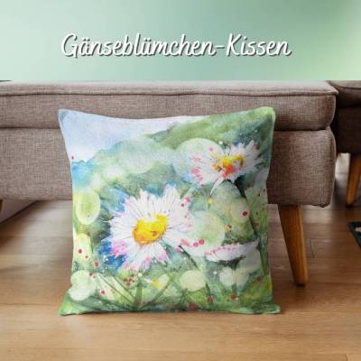 Gänseblümchen Kissen 40x40 – nachhaltige Frühlingsdeko mit Aquarellmotiv (limitiert)