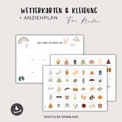 Routinekarten für Kleidung und Wetter inkl. Anziehplan für Kinder, Tagesplan Wochenplaner Kinder A3 + A4 zum Ausdrucken,