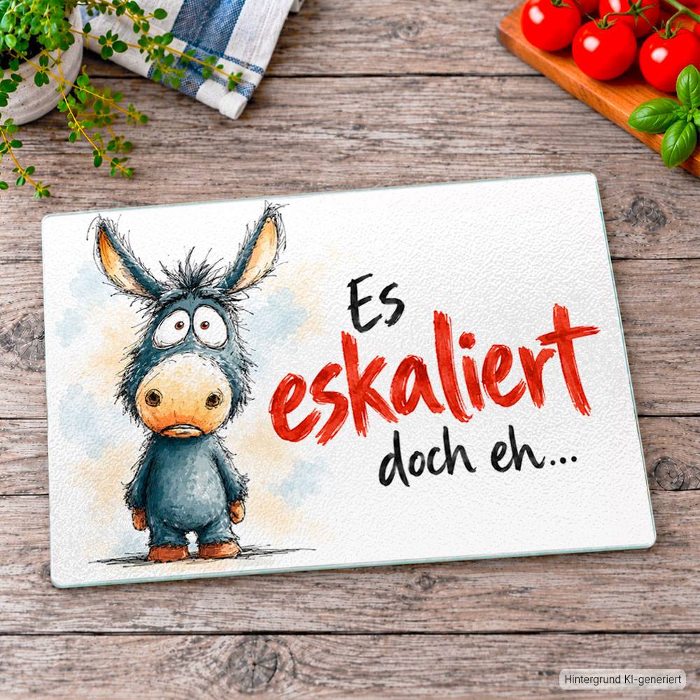 Witziges Glasschneidebrett 'Es eskaliert doch eh ...'