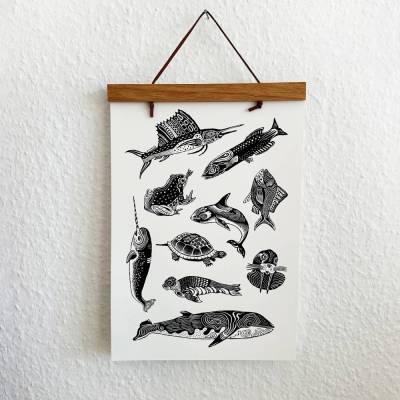 Tiere aus der Wasserwelt- Handgdruckter Siebdruck