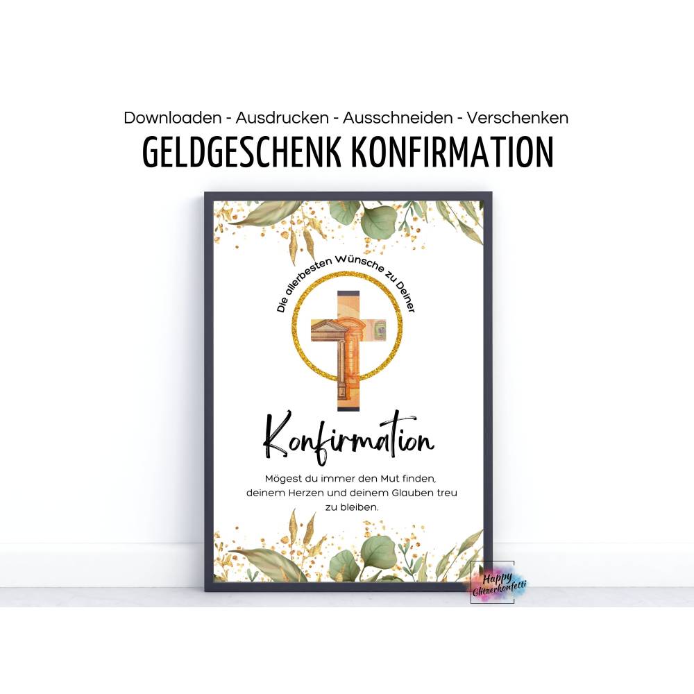 Geldgeschenk zur Konfirmation, Last-Minute Idee Geld kreativ verschenken, A4 Digitaler PDF Download zum Ausdrucken Bild 1