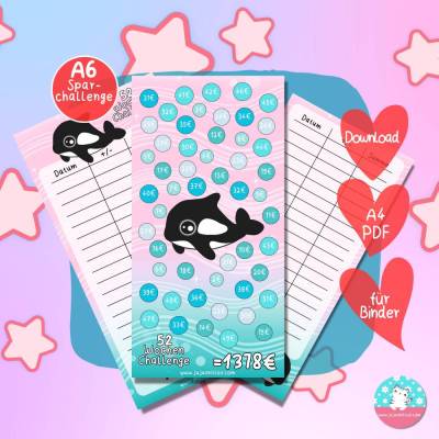 52 Wochen Challenge Orca - Sparchallenge - PDF A4 Download - passend für A6 Zippertaschen