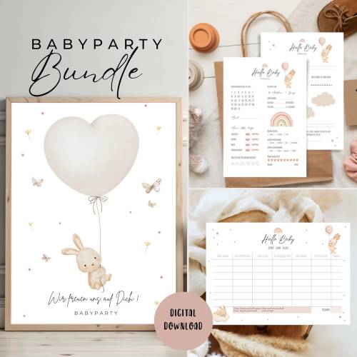 Babyparty Spiele Bundle,  Ausfüllkarten, Ratespiel und Gästbuchposter zum Ausdrucken als digitaler Download im Boho Rege