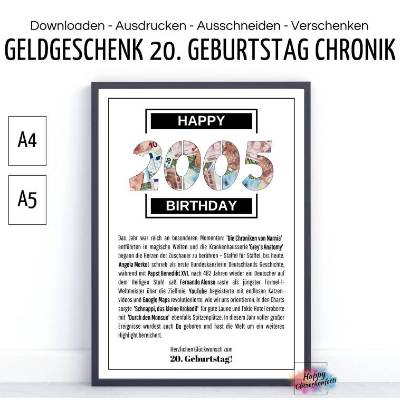 20. Geburtstag 2005 Geldgeschenk, Chronik Meilensteine, zwanzig Jahre, Geburtstagskarte, Glückwünsche, Geld 