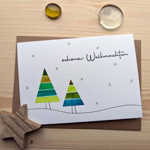 Aquarell Weihnachtskarte "Weihnachtsbäume unter Sternen", handgemalt. Kein Druck!