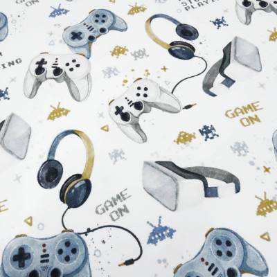 Stoff Baumwolle French Terry Gamepad Virtual Reality Brille Kopfhörer weiß blau grau beige bunt