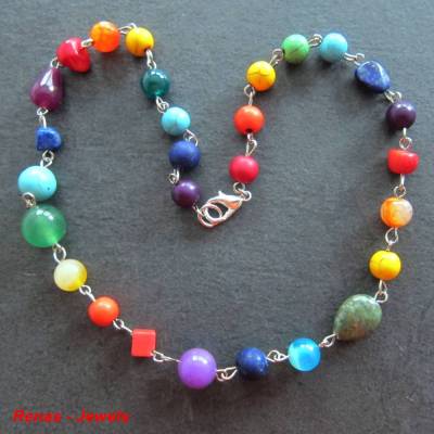 Bunte Chakra Kette kurz – Edelsteinkette mit sieben Chakren Farben und vielfältigen Edelsteinen