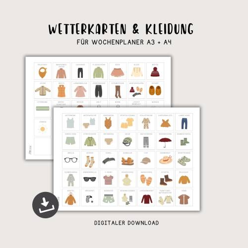 Routinekarten für Kleidung und Wetter, passend für Wochen- &Tagesplan für Kinder in A3 + A4, PDF Download