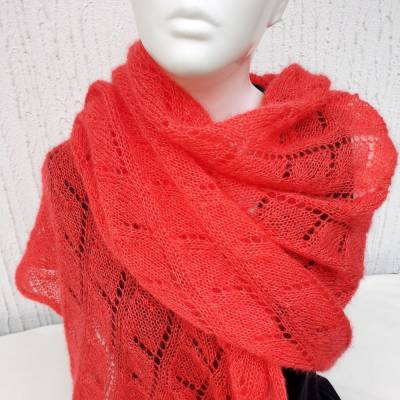 Stola Schultertuch aus Mohair mit Seide in hellem Rot mit filigranem Ajourmuster – Handgefertigt