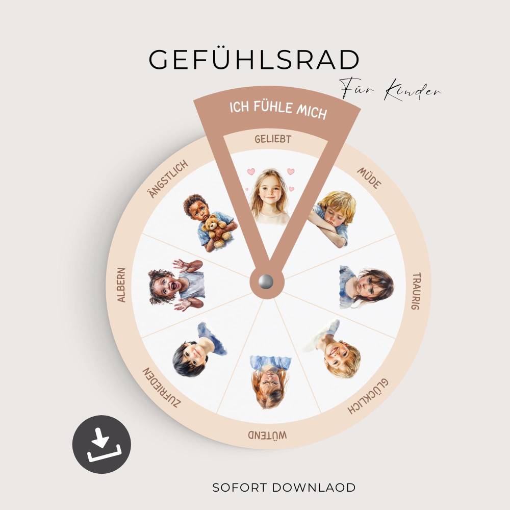Gefühlsrad für Kinder, Montessori Gefühlsuhr im Aquarell design, Gefühle lernen, Emotionsrad Bild 1