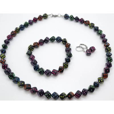 Set Kette Armband Ohrringe Würfel Schwarz Neon Grün Gelb Prange Pink Grün Würfelkette Würfelschmuck