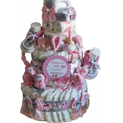 Windeltorte Mädchen rosa personalisiert mit Mini Kinderwagen & Schnullerpüppchen Dino – Geschenk zur Geburt