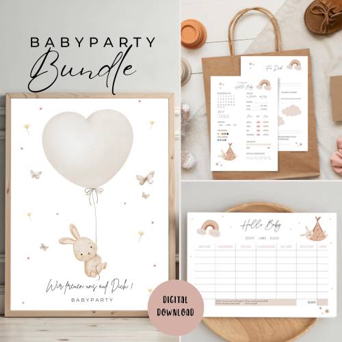 Babyparty Spiele Bundle, Ausfüllkarten, Ratespiel und Gästebuchposter zum Ausdrucken als digitaler Download