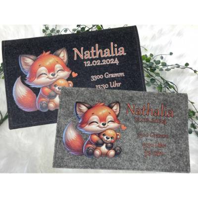 Windeltasche mit Namen personalisiert Filz Wickeltasche Fuchs mit Teddy