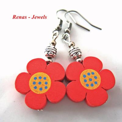 Holzohrringe Ohrhänger Blume rot silberfarben Holzohrhänger Blumenohrringe handgefertigt