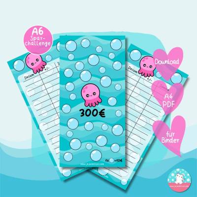 10 Euro Challenge Oktopus - Sparchallenge und Tracker - Geld sparen - PDF A4 - Umschlagmethode