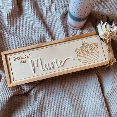 Exklusive, personalisierte Kerzenbox mit Namen – Elegante Holzkiste mit individueller Gravur für die Taufkerze
