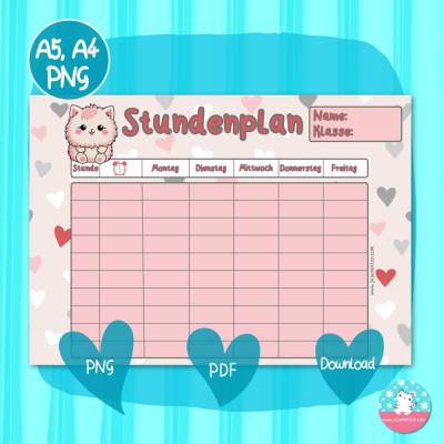 Stundenplan rosa Katze - Kawaii - PDF A4 Download - DIN A5 & A4 - PNG