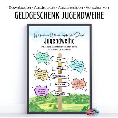 Geldgeschenk zur Jugendweihe "Wegweiser", Karte, Idee Geld verschenken verpacken, A4 PDF Download Ausdrucken